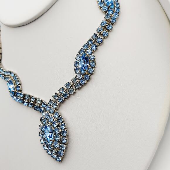 Stunning Baby Blue Marquis Rhinestone Necklace & Bracelet Set Statement Parure - Picture 7 of 16